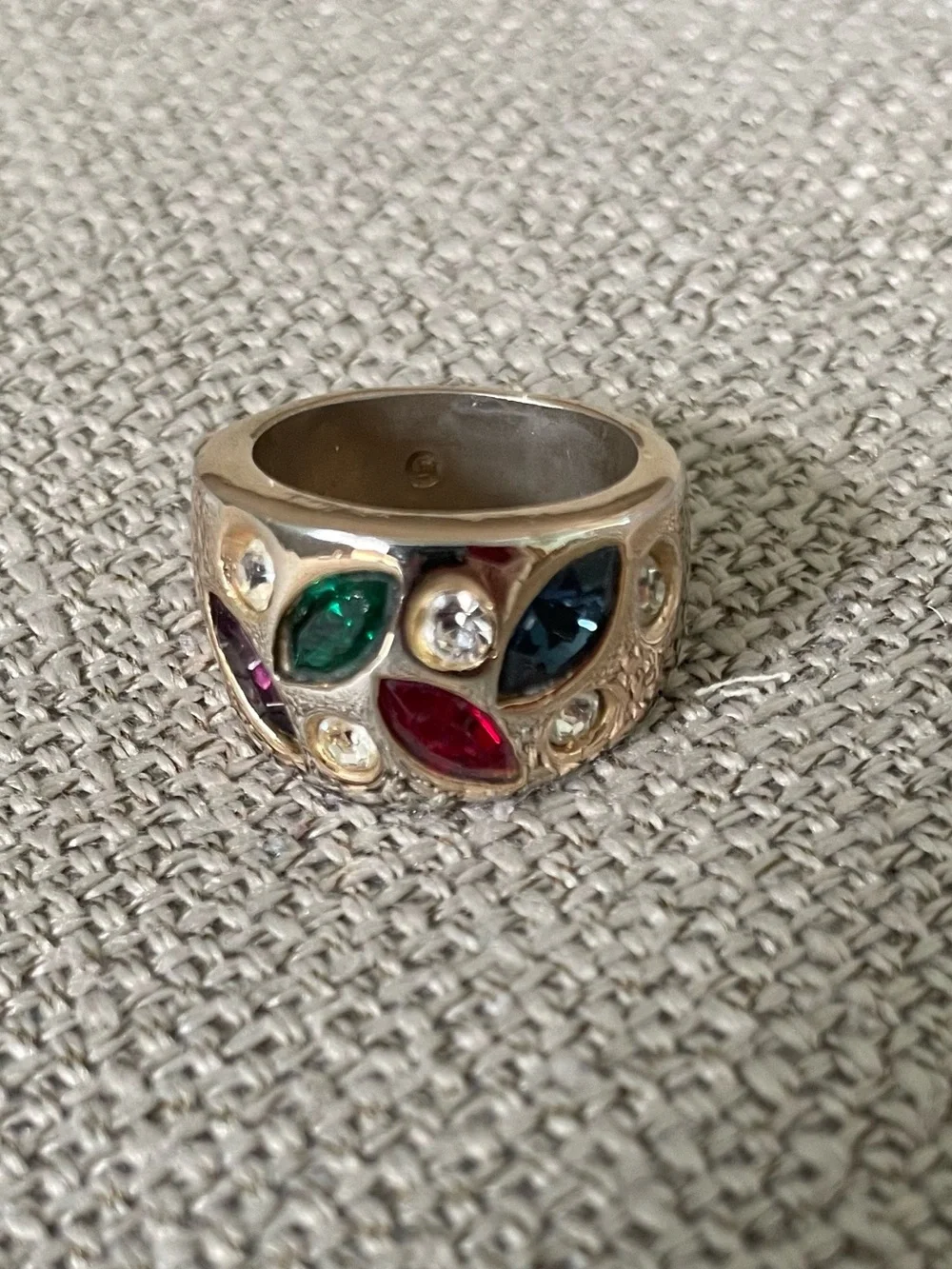 Gold Plated Multi-Stone Dome Ring with Red, Green, Purple,Blue and Clear Stones